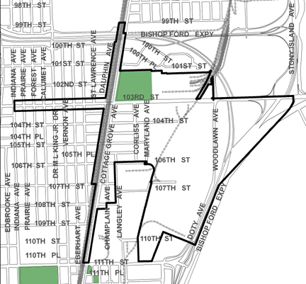 North Pullman TIF district, roughly bounded on the north by 99th Street, 111th Street on the south, the Bishop Ford Expressway on the east, and Indiana Avenue on the west.